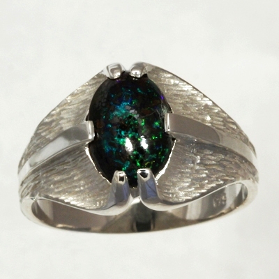 Stirling Silver ring with a SOLID BOULDER OPAL Sparling green fire